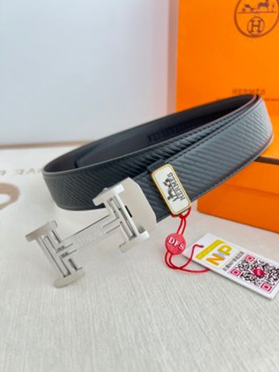 1:1  Hermes Black Leather Belt Printed Plain Weave Pattern with Silver 'H' buckle Automatic Buckle 3.5cm